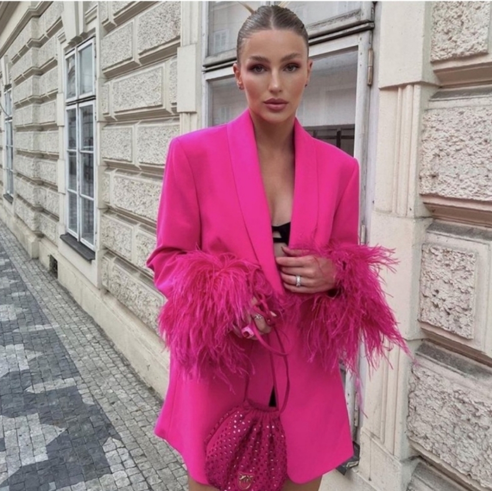 Zara Straight Cut  Pink Feather Blazer NWT Size L - Picture 2 of 14